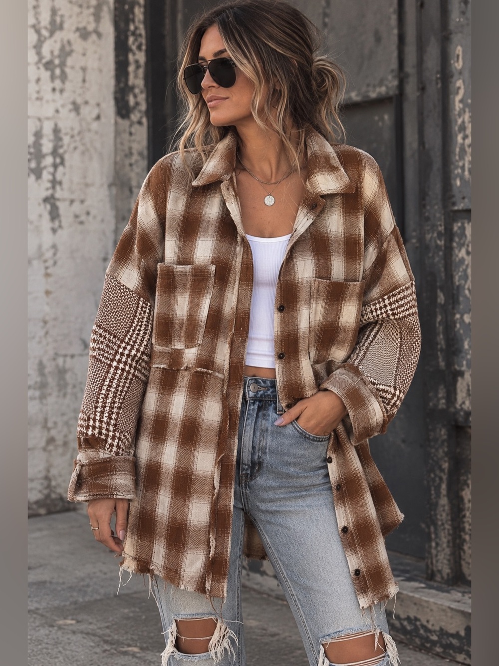 Fate Brown Plaid Oversized Shacket L Patchwork Houndstooth Raw Hem